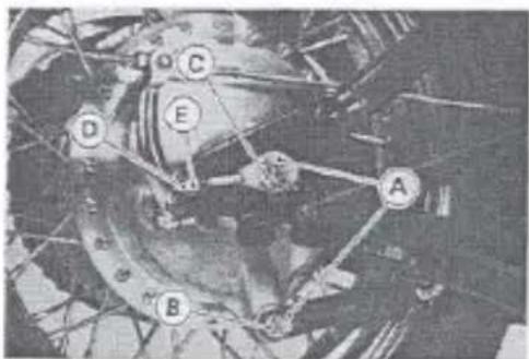 Labeled mechanical or electrical component diagram with points A, B, C, D, and E marked