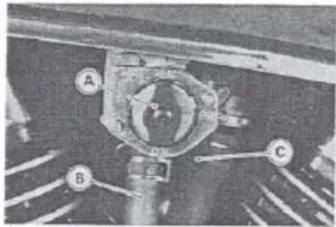 Technical diagram of a mechanical assembly with labeled parts A, B, and C