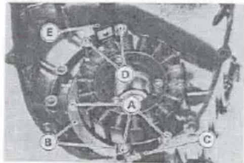 Technical diagram of a mechanical device with labeled components A, B, C, D, and E
