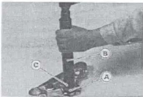 Labeled diagram of a mechanical assembly showing components A, B, and C with numbered annotations