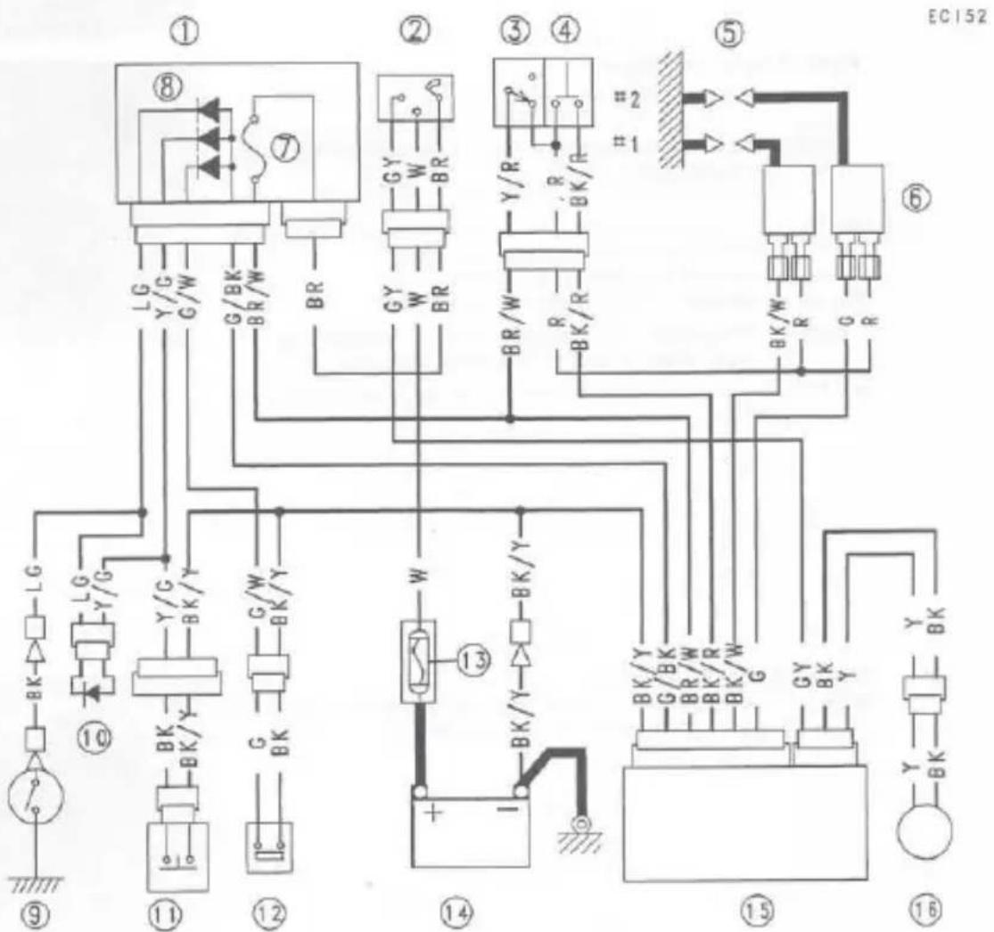 Electrical schematic diagram with numbered components and labeled connections, including circuit breakers, relays, and switches.