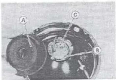 Technical diagram of a mechanical device with labeled components A, B, and C