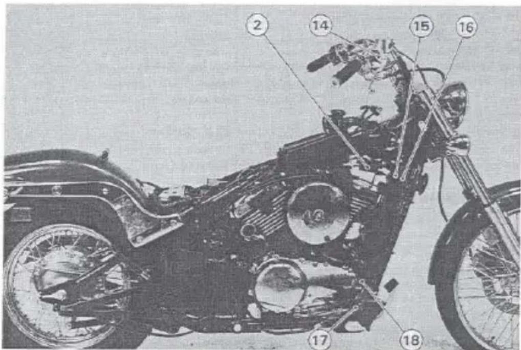 Labeled photograph of a motorcycle showing internal components and parts numbered 2, 14, 15, and 16.