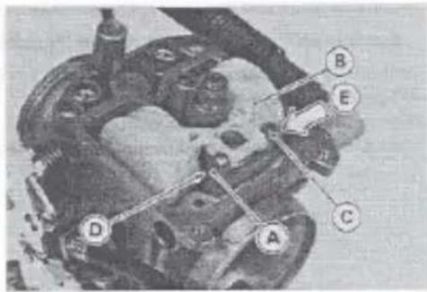Technical diagram of a mechanical assembly with labeled parts A, B, C, D and E