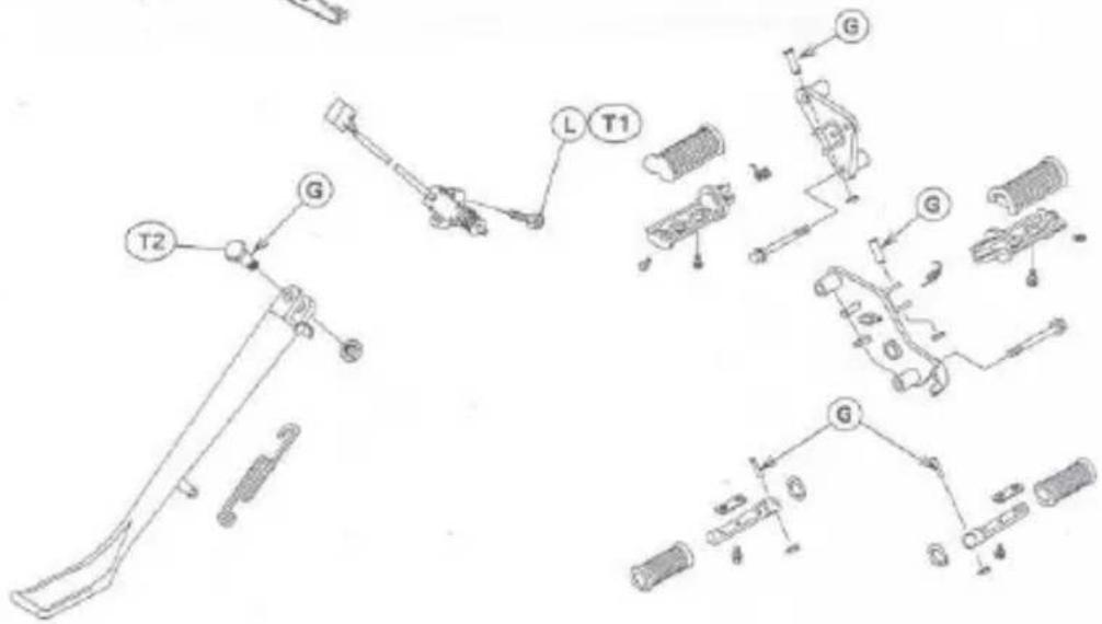 Technical diagram of a mechanical assembly with labeled components including T2, G, L, and T1