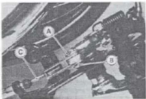 Technical diagram with labeled points A, B, and C indicating specific components or features in a mechanical or architectural context.