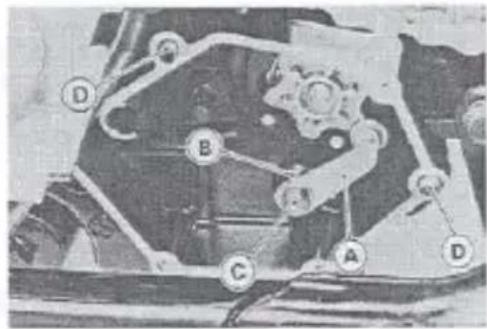 Technical diagram of a mechanical assembly with labeled components A, B, C, D