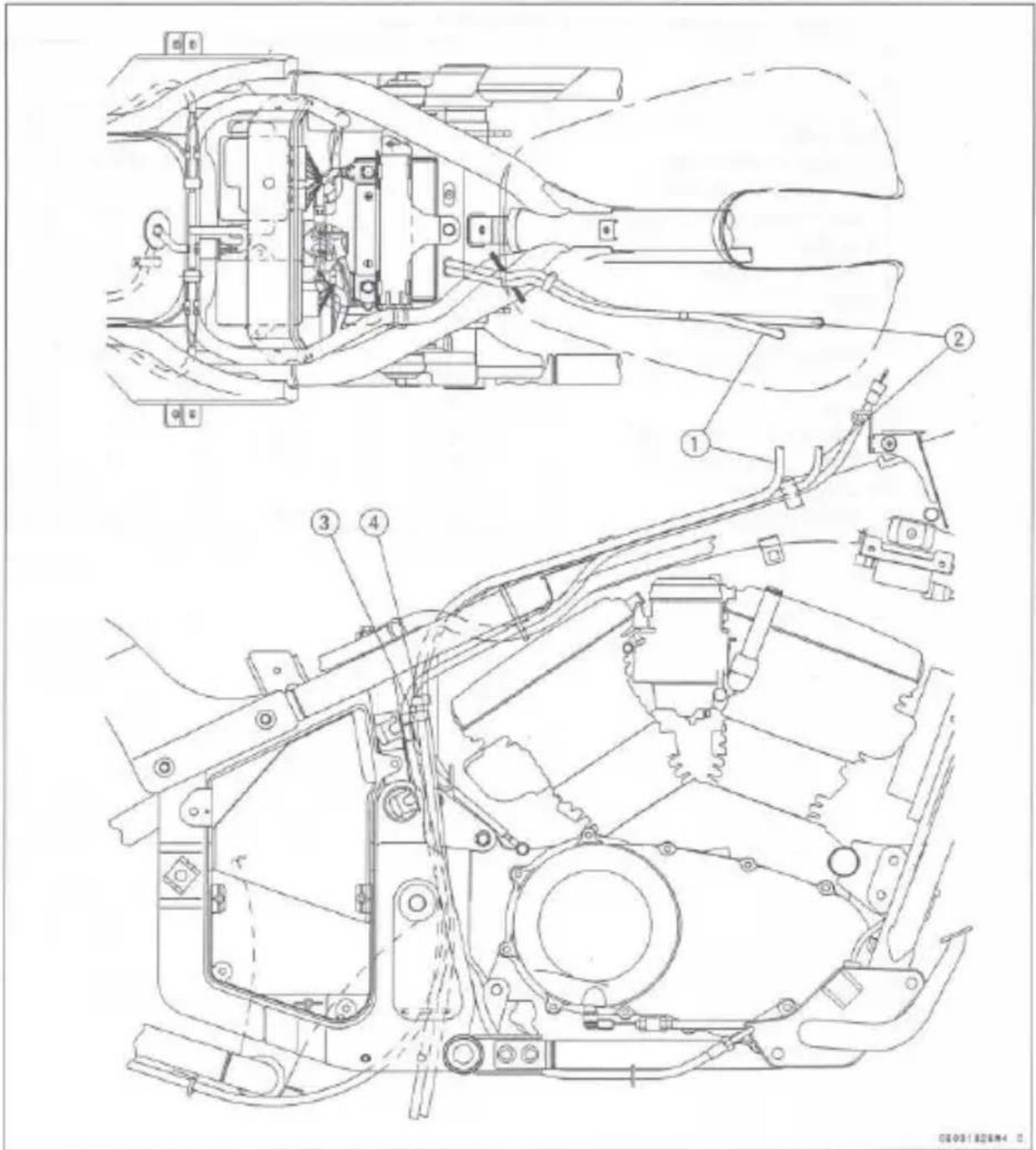 Technical schematic diagram of a vehicle's internal components with numbered parts for identification.