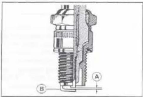 Technical diagram of a mechanical component with labeled parts A and B, showing internal structure and assembly.
