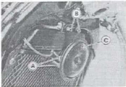 Technical diagram of a mechanical device with labeled components A, B, and C