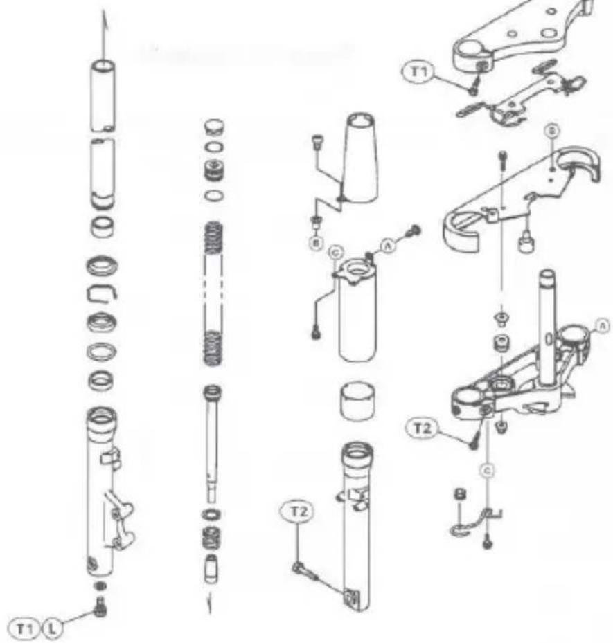 Exploded view diagram of mechanical assembly with labeled parts including cylinders, springs, and clamps