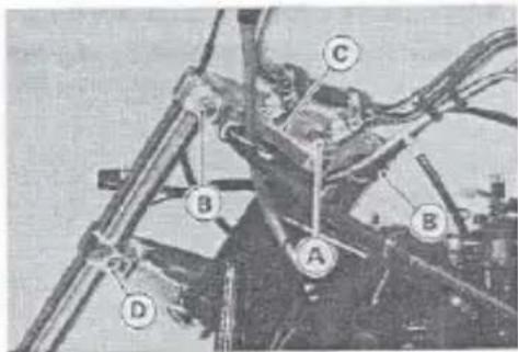 Labeled mechanical assembly diagram with components A, B, C, D marked for identification