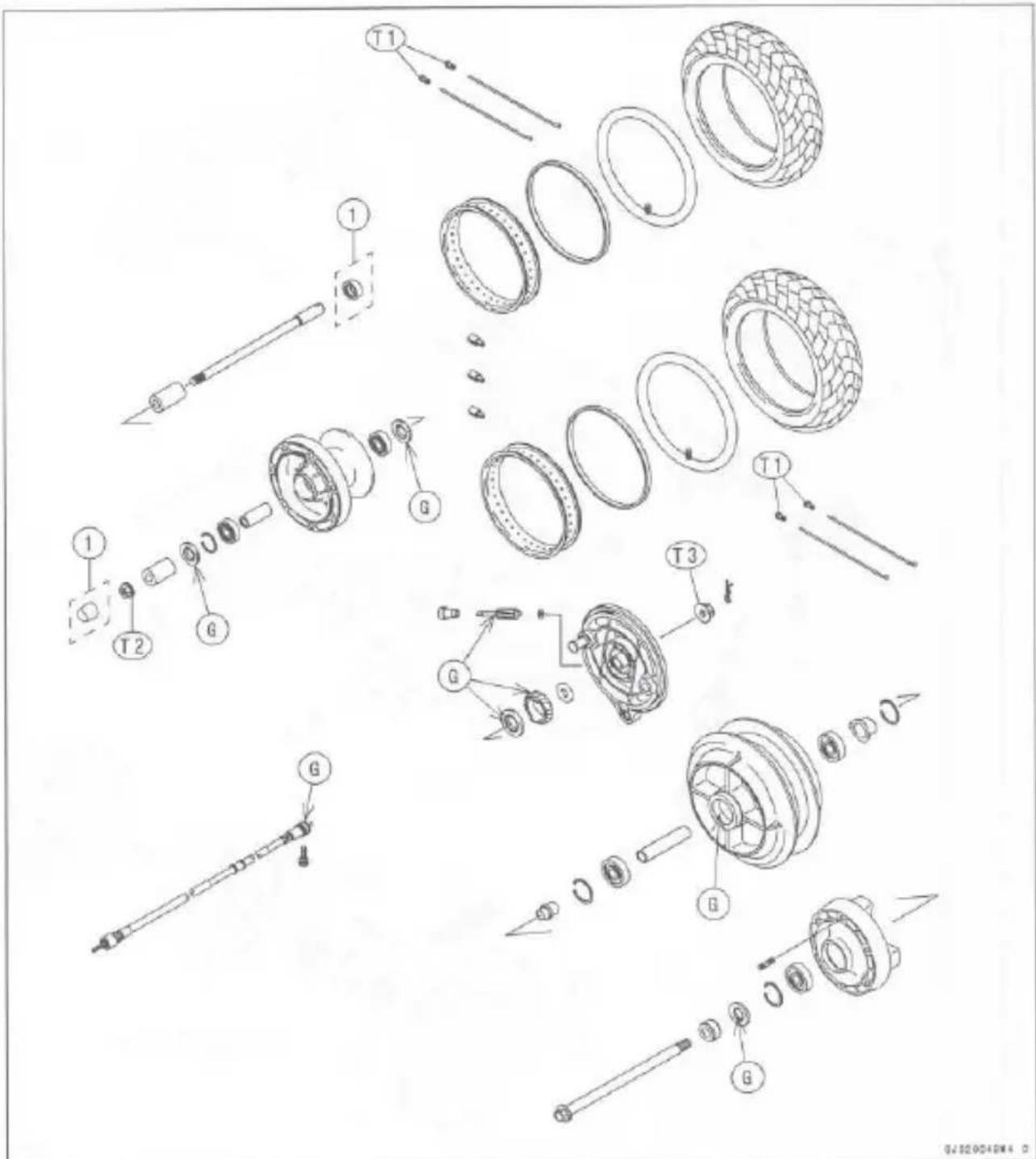 Exploded view diagram of a mechanical assembly with labeled components such as gears, tires, and shafts