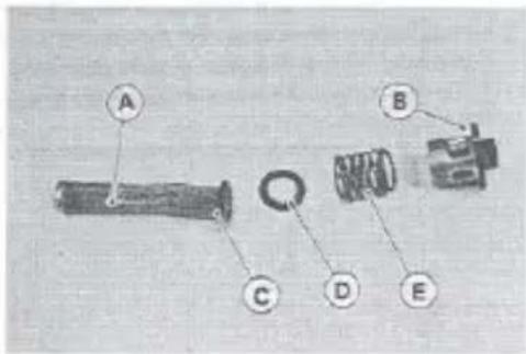 Labeled diagram of a mechanical assembly with components A, B, C, D, and E marked for identification.