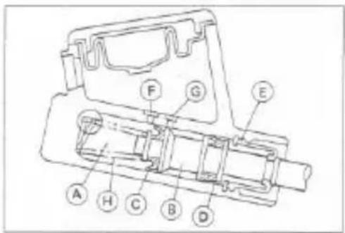 Technical diagram of a mechanical device with labeled parts A through H