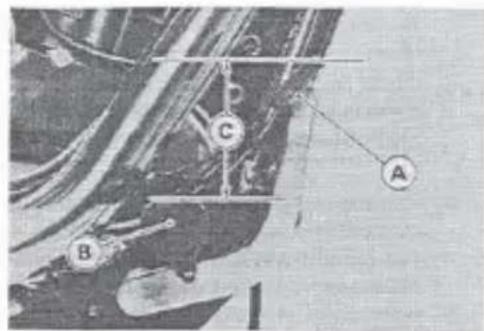 Technical diagram with labeled points A, B, and C indicating specific components or features in a mechanical or architectural context.