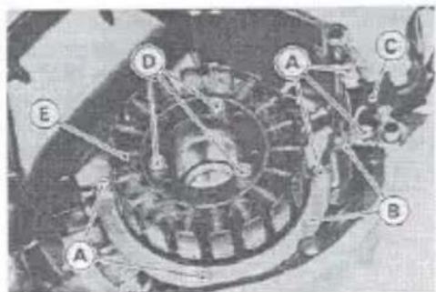 Technical diagram of a mechanical assembly with labeled components A, B, C, D, and E