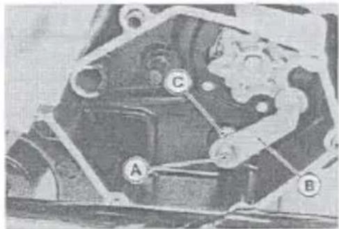 Technical diagram of a mechanical component with labeled parts A, B, and C