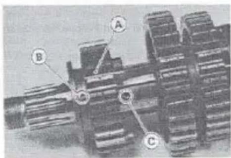 Technical diagram of a mechanical gear assembly with labeled components A, B, and C