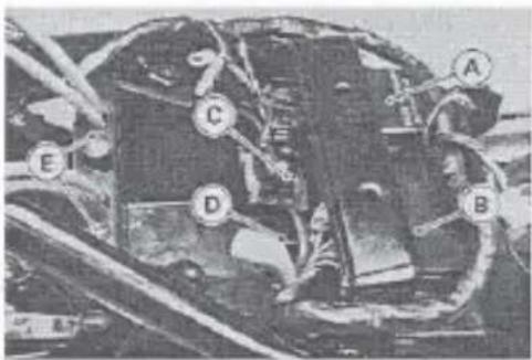 Labeled mechanical or electrical component image with points A, B, C, D, E marked on parts