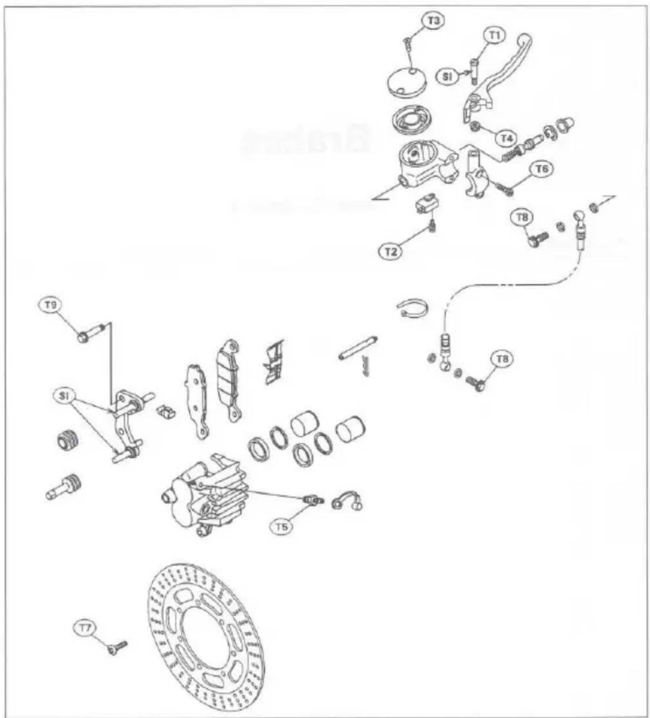 Exploded view diagram of a mechanical assembly with labeled parts such as T1–T9, SI, and valve mechanism