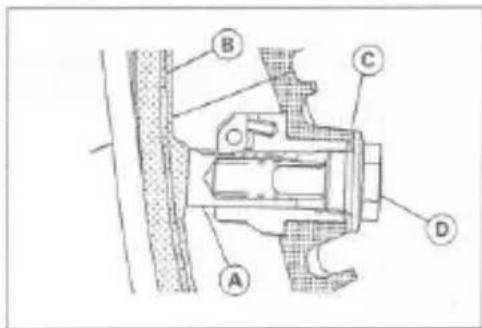 Technical diagram of a mechanical assembly with labeled parts A, B, C, and D