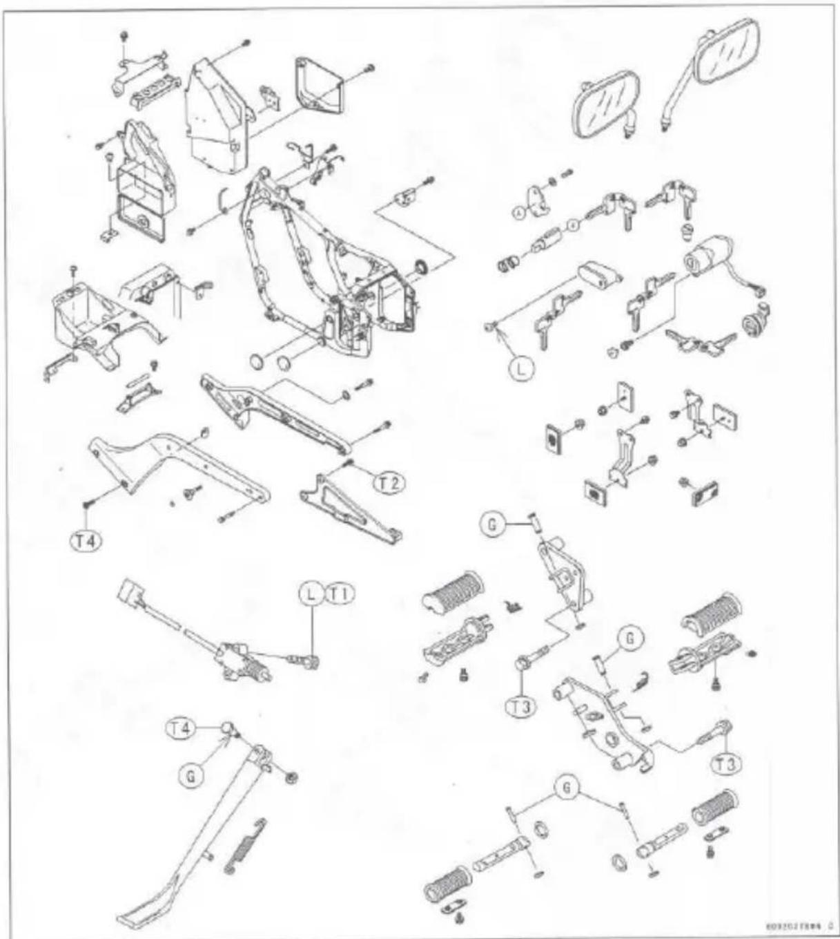 Exploded view diagram of a motorcycle body assembly with labeled parts such as frame, handlebars, and motors