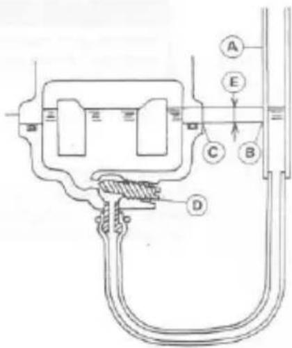 Technical diagram of a mechanical or electrical component with labeled parts A, B, C, D, and E