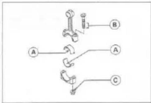 Diagram showing three labeled mechanical or electrical components (A, B, C) with connection points and directional arrows.