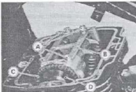 Technical diagram of a mechanical assembly with labeled components A, B, C, and D