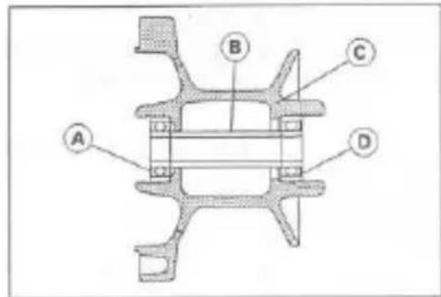 Technical diagram of a mechanical assembly with labeled parts A, B, C, and D