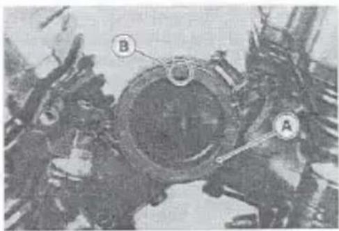 Technical diagram of a mechanical assembly with labeled components A and B