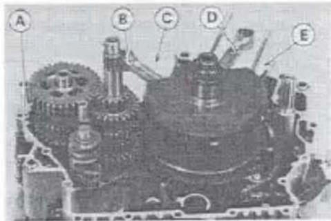 Technical diagram of an engine assembly with labeled components A through E