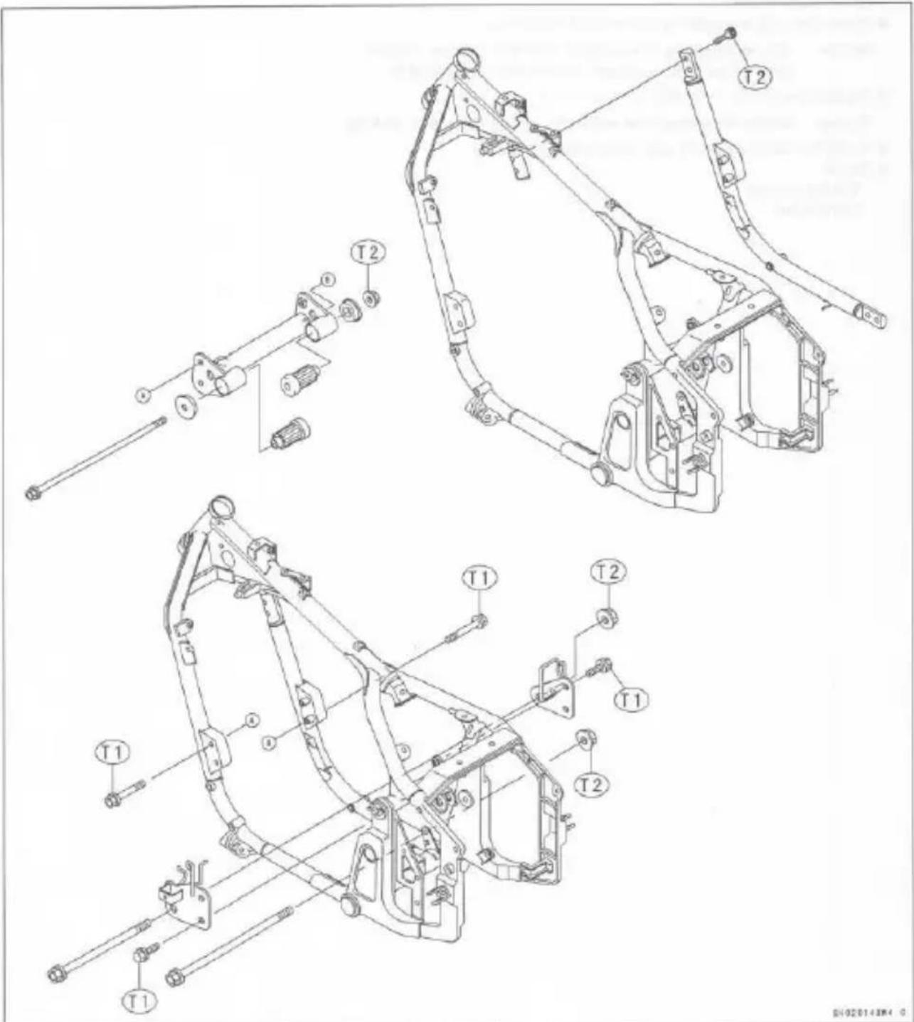Technical diagram of a mechanical assembly with labeled parts including T1, T2, and mechanical components.