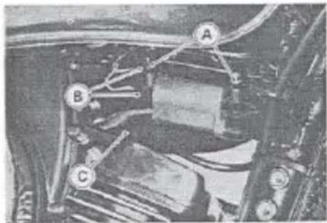 Technical diagram of a mechanical assembly with labeled parts A, B, and C