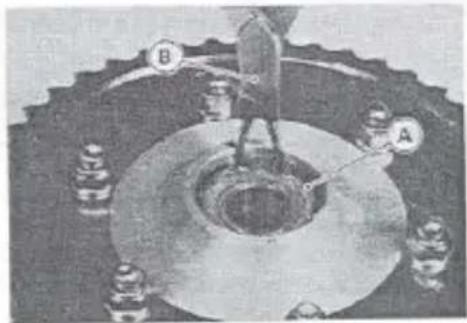 Technical diagram of a mechanical assembly with labeled components A and B