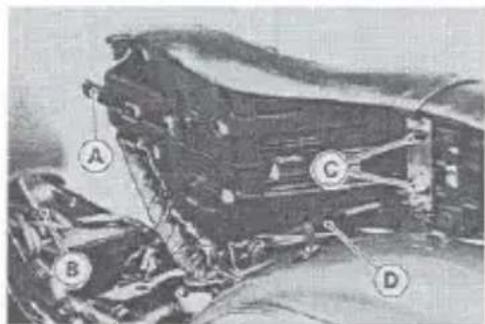 Labeled mechanical assembly diagram showing components A, B, C, and D with numbered annotations