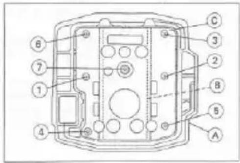 Technical diagram of a device casing with numbered components for identification