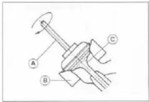 Technical diagram of a mechanical assembly with labeled components A, B, and C