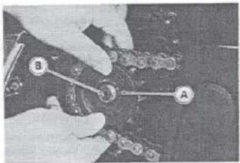 Close-up of hands assembling mechanical components with labeled parts A and B