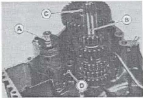 Labeled mechanical assembly diagram with components A, B, C, and D marked