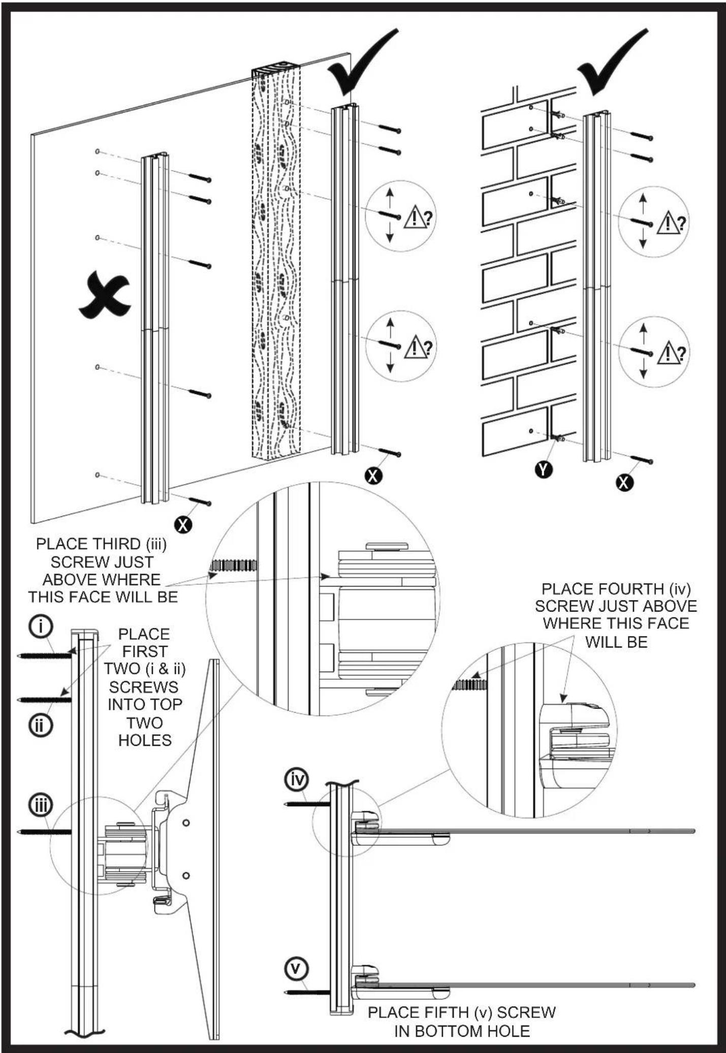 PLACE THIRD (iii) SCREW JUST ABOVE WHERE THIS FACE WILL BE PLACE FIRST TWO (i & ii) SCREWS INTO TOP TWO HOLES PLACE FOURTH (iv) SCREW JUST ABOVE WHERE THIS FACE WILL BE PLACE FIFTH (v) SCREW IN BOTTOM HOLE