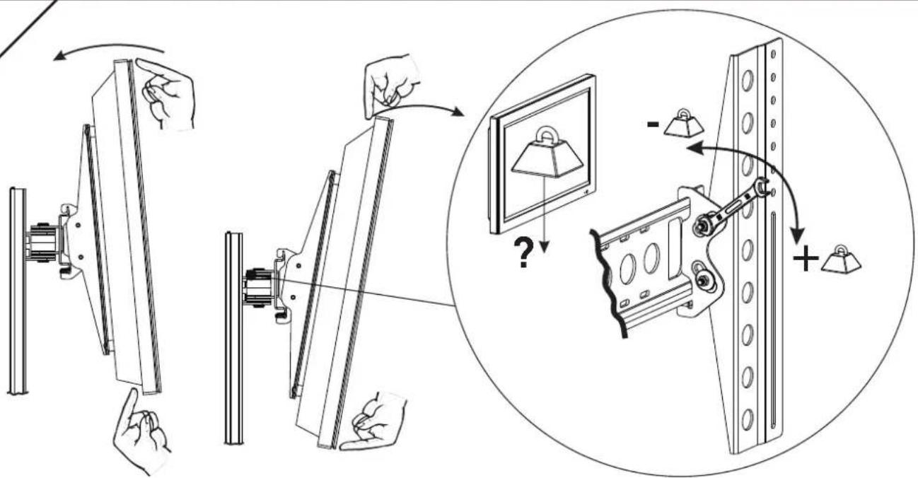 Technical diagram illustrating a lighting fixture installation process with hand positioning, angle adjustment, and hanging lamp mechanism.