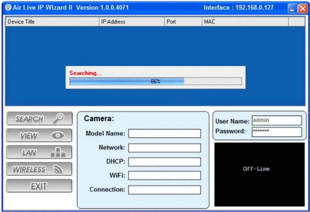Air Live IP Wizard II Version 1.0.0.4071 Interface : 192.168.0.127 Device Title IP Address Port MAC Searching... 66% Camera: Model Name: Network: DHCP: WiFi: Connection: SEARCH VIEW LAN WIRELESS EXIT User Name: admin Password: ******** Off-Line