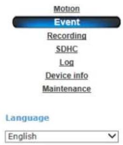 Motion Event Recording SDHC Log Device info Maintenance Language English