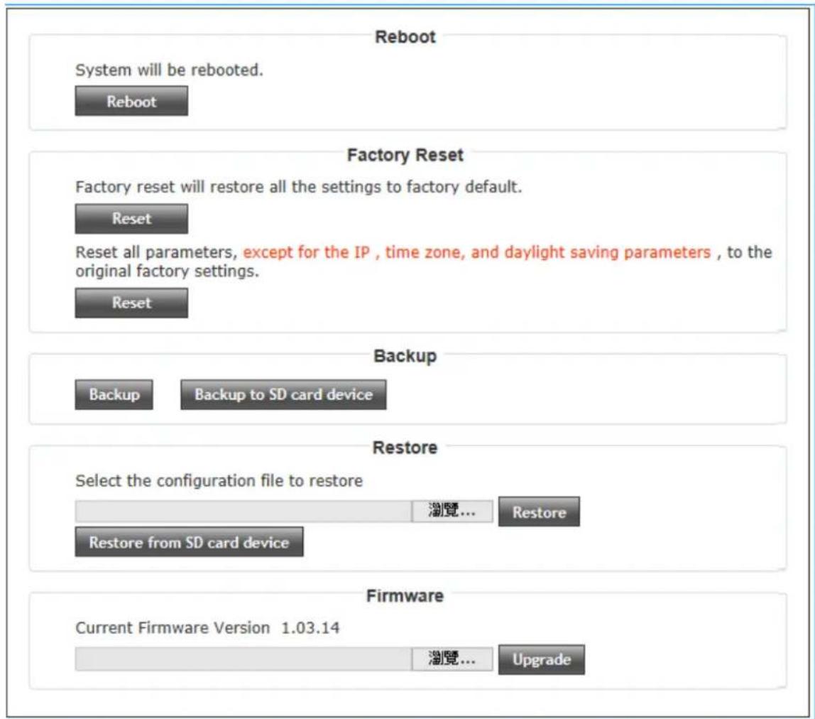 Reboot System will be rebooted. Reboot Factory Reset Factory reset will restore all the settings to factory default. Reset Reset all parameters, except for the IP , time zone, and daylight saving parameters , to the original factory settings. Reset Backup Backup Backup to SD card device Restore Select the configuration file to restore ​​​​​​​​​​​​​​​​​​​​​​​​​​​​​​​​​​​​​​​​​​​​​​​​​​​​​​​​​​​​​​​​​​​​​​​​​​​​​​​​​​​​​​​​​​​​​​​​​​​​​​ Restore from SD card device Firmware Current Firmware Version 1.03.14 ​​​​​​​​​​​​​​​​​​​​​​​​​​​​​​• ​​• ​• ​• ​• ​• ​• ​• ​• ​• ​• ​• ​• ​• ​• ​• ​• ​• ​• ​• ​• ​• ​• ​• ​• ​• ​• ​• ​• ​• ​• ​• ​• ​• ​• ​