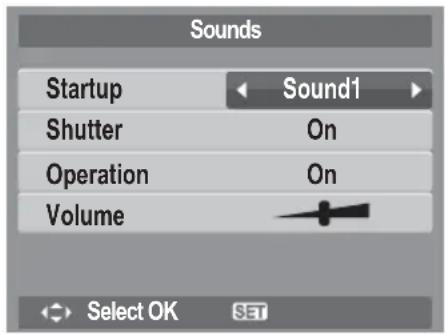 Sounds Startup Sound1 Shutter On Operation On Volume Select OK SET