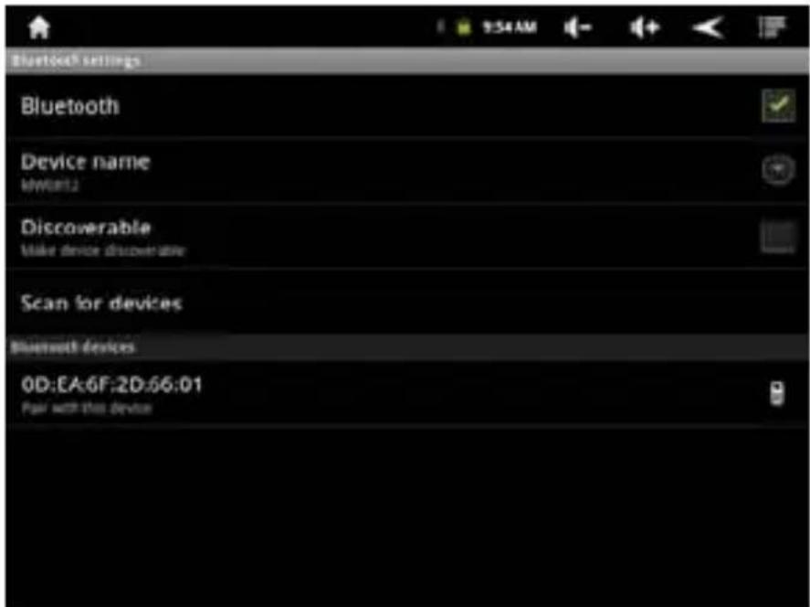 Bluetooth settings Bluetooth Device name MyWater2 Discoverable Make device discoverable Scan for devices Bluetooth devices 0D:EA:6F:2D:56:01 Pair with this device