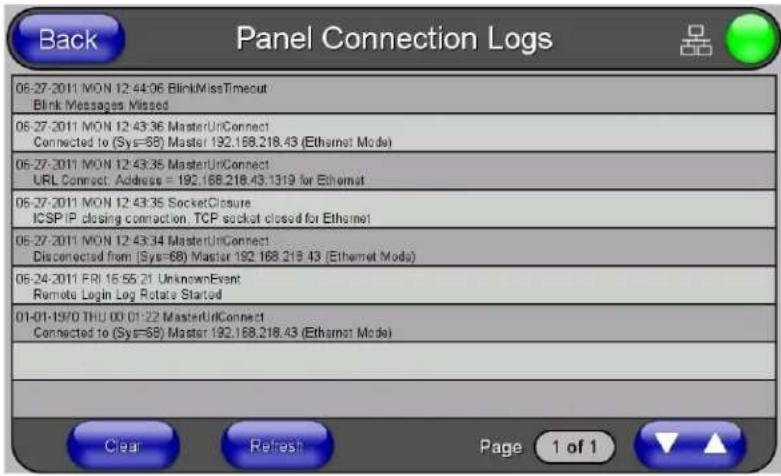Back Panel Connection Logs 06-27-2011 MON 12:44:06 BlinkMissTimeout Blink Messages Missed 06-27-2011 MON 12:43:36 MasterUniConnect Connected to (Sys=68) Master 192.168.218.43 (Ethernet Mode) 06-27-2011 MON 12:43:35 MasterUniConnect URL Connect: Address = 192.168.218.43.1319 for Ethernet 06-27-2011 MON 12:43:35 SocketClosure ICSPIP closing connection, TCP socket closed for Ethernet 06-27-2011 MON 12:43:34 MasterUniConnect Disconnected from (Sys=68) Master 192.168.218.43 (Ethernet Mode) 06-24-2011 FRI 16:55:21 UnknownEvent Remote Login Log Rotate Started 01-01-19/0 THU 00 01:22 MasterUniConnect Connected to (Sys=68) Master 192.168.218.43 (Ethernet Mode) Clear Refresh Page 1 of 1 ▼ ▲