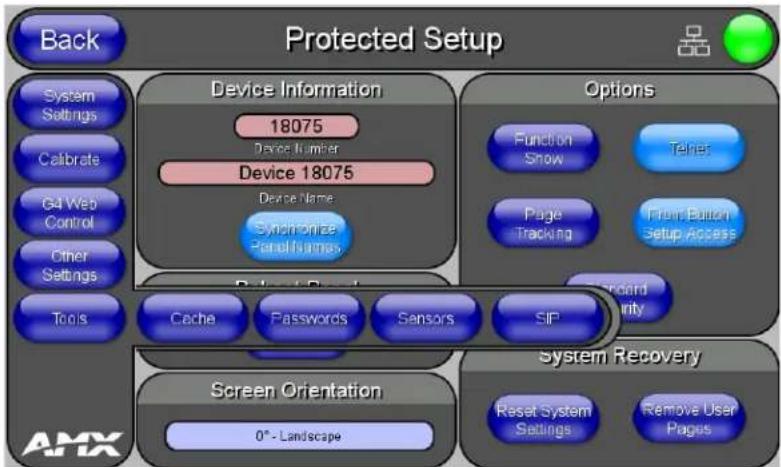 Back Protected Setup System Settings Calibrate G4 Web Control Other Settings Tools Device Information 18075 Device Number Device 18075 Device Name Synchize Peripherals Options Function Show Texts Page Tracking From Button Setup Access Balance Entry Cache Passwords Sensors SIP System Recovery Screen Orientation 0° - Landscape Reset System Settings Remove User Pages